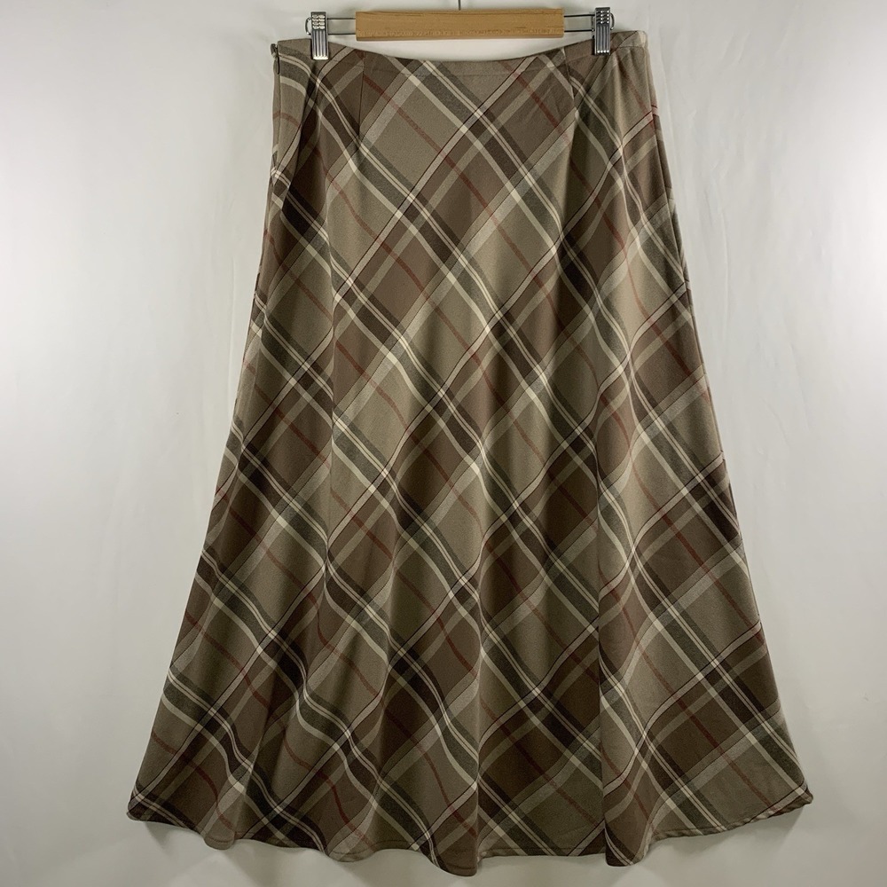 Womens Bias Tartan Plaid Midi Skirt Sz 14 Brown Academia Countryside Heritage - Picture 4 of 11